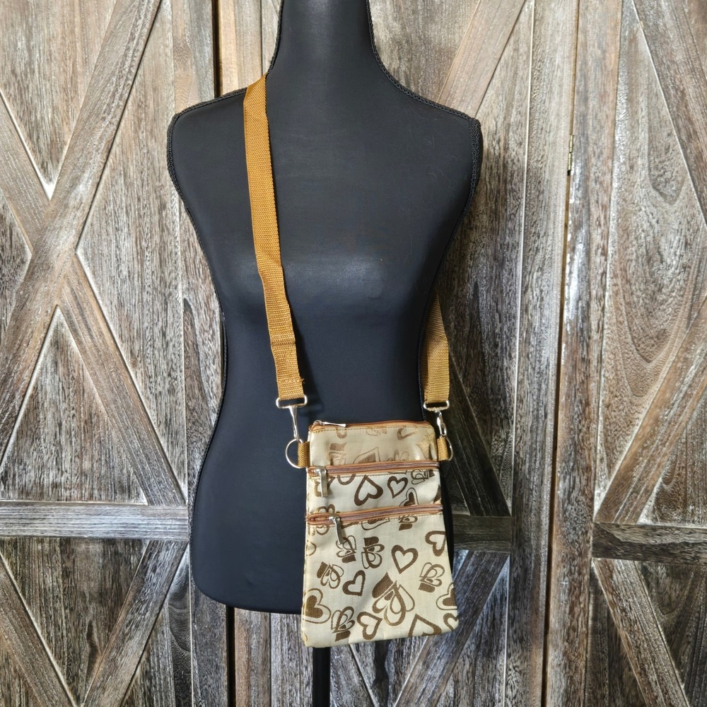 Brown Heart Print‎ Crossbody Bag Small Travel Messenger Shoulder Purse Tan